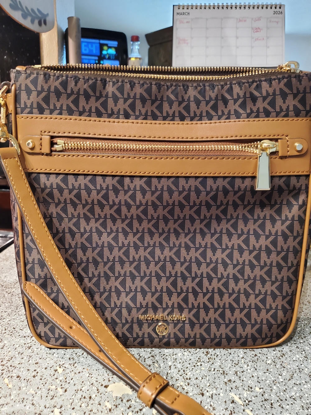Michael Kors Brown and Tan MK Logo Crossbody Bag